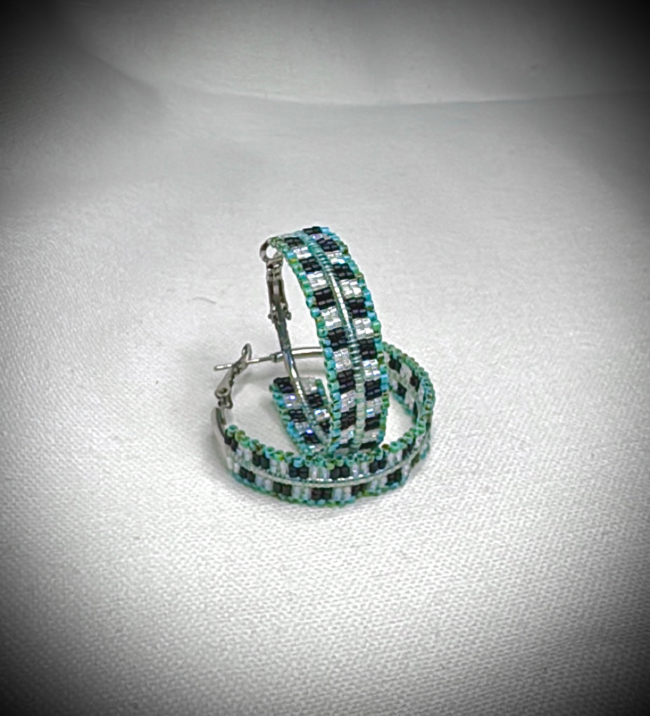 A Spring Retro turquoise checkered Rez Girl Hoops (Medium 1 1/2”)