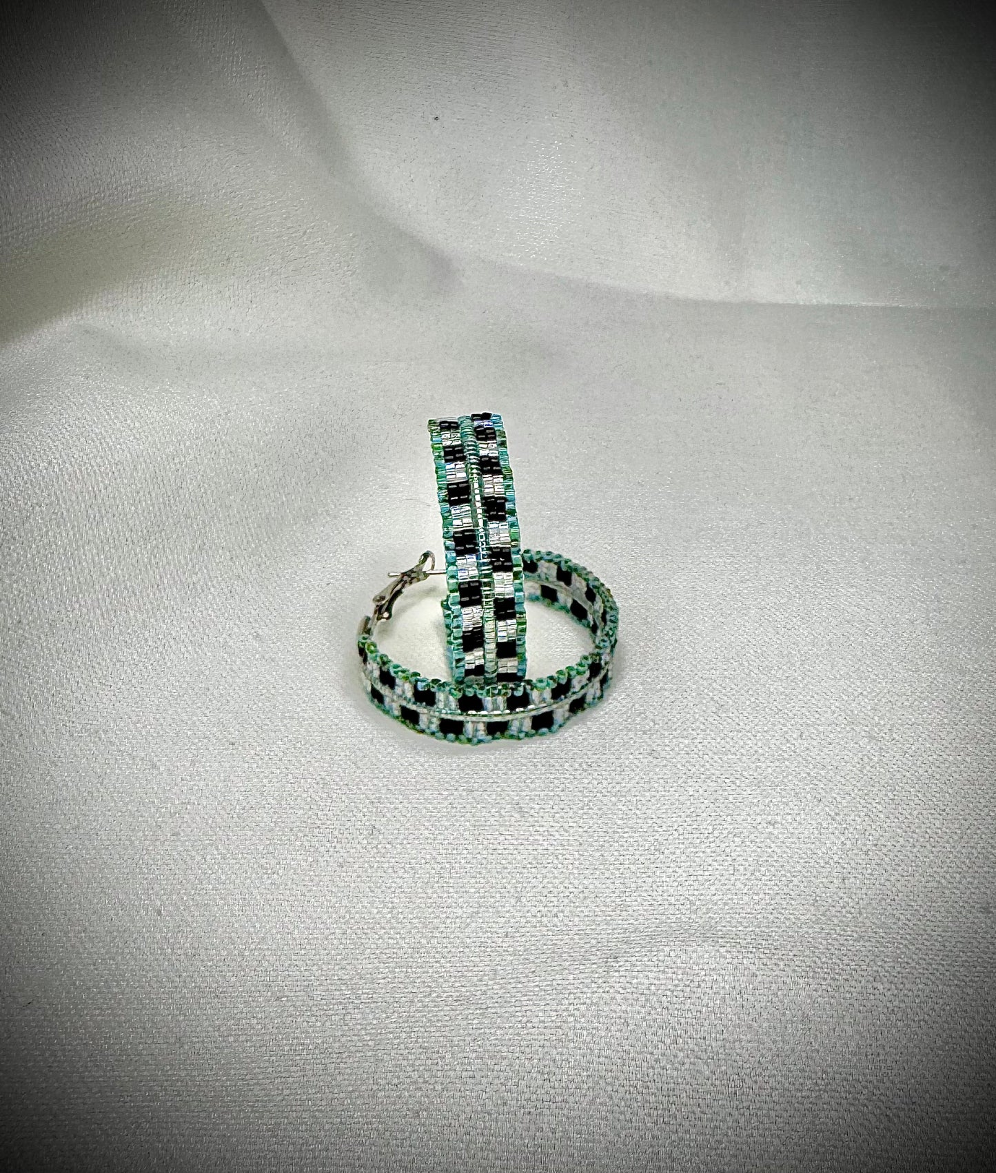 A Spring Retro turquoise checkered Rez Girl Hoops (Medium 1 1/2”)