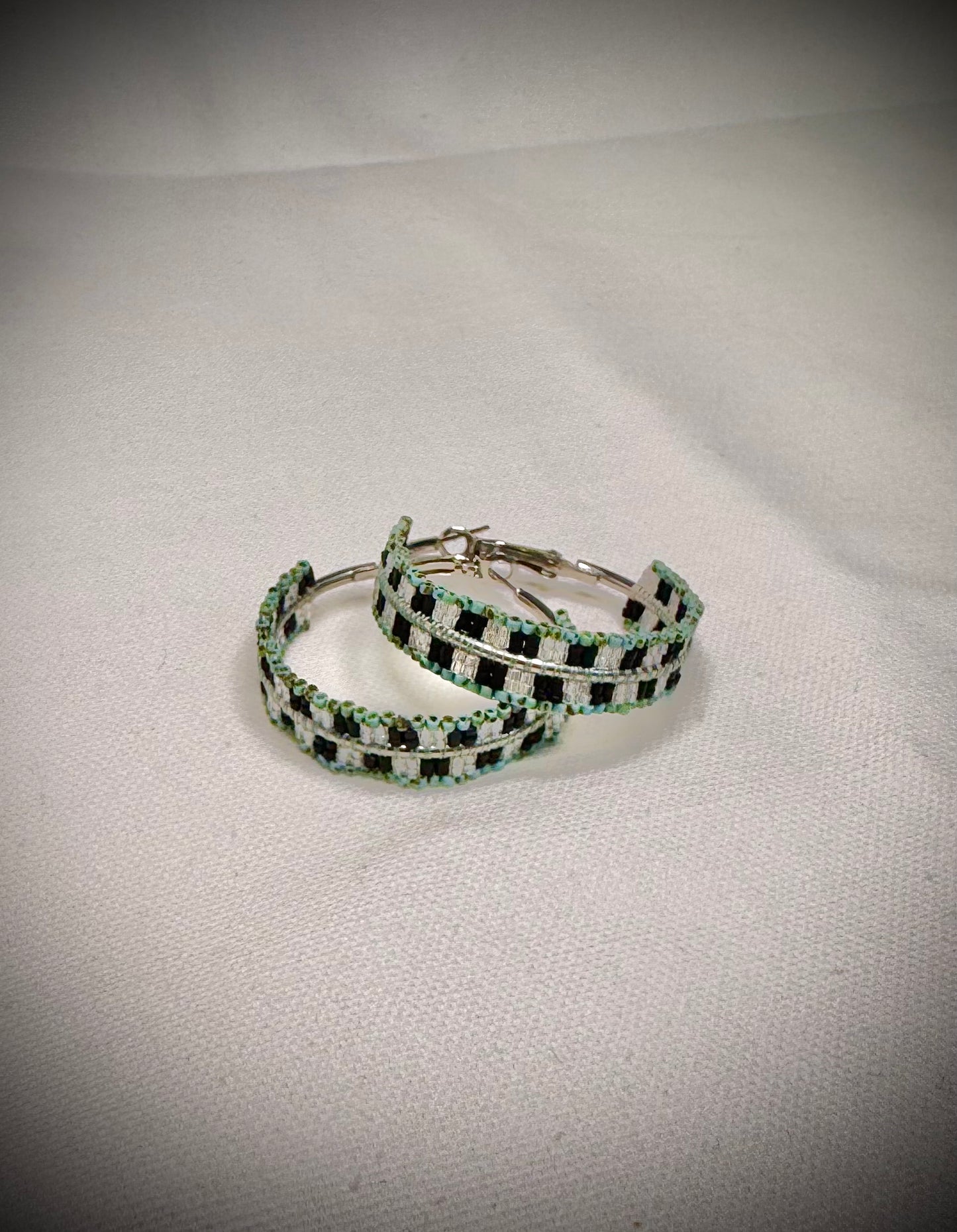 A Spring Retro turquoise checkered Rez Girl Hoops (Medium 1 1/2”)