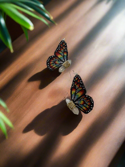 A Rainbow Butterfly Earrings with Quartz Crystals (Large)