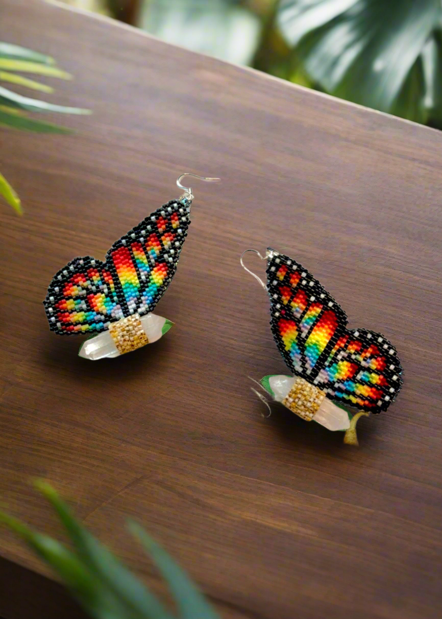 A Rainbow Butterfly Earrings with Quartz Crystals (Large)