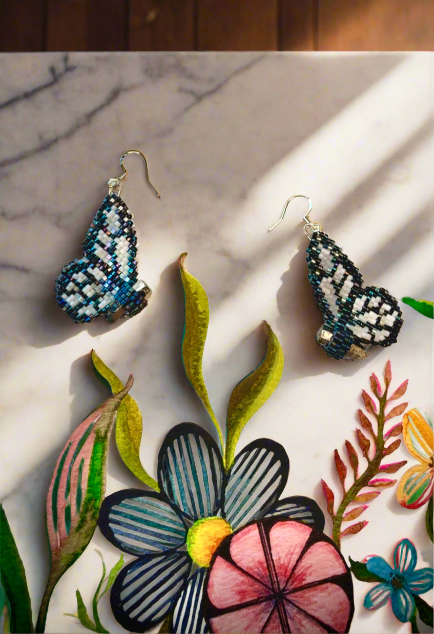 A Pyrite Crystal Darkest Blue Butterfly Earrings (Medium Size)