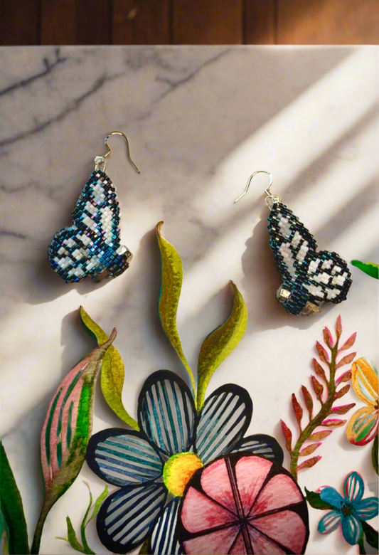 A Pyrite Crystal Darkest Blue Butterfly Earrings (Medium Size)