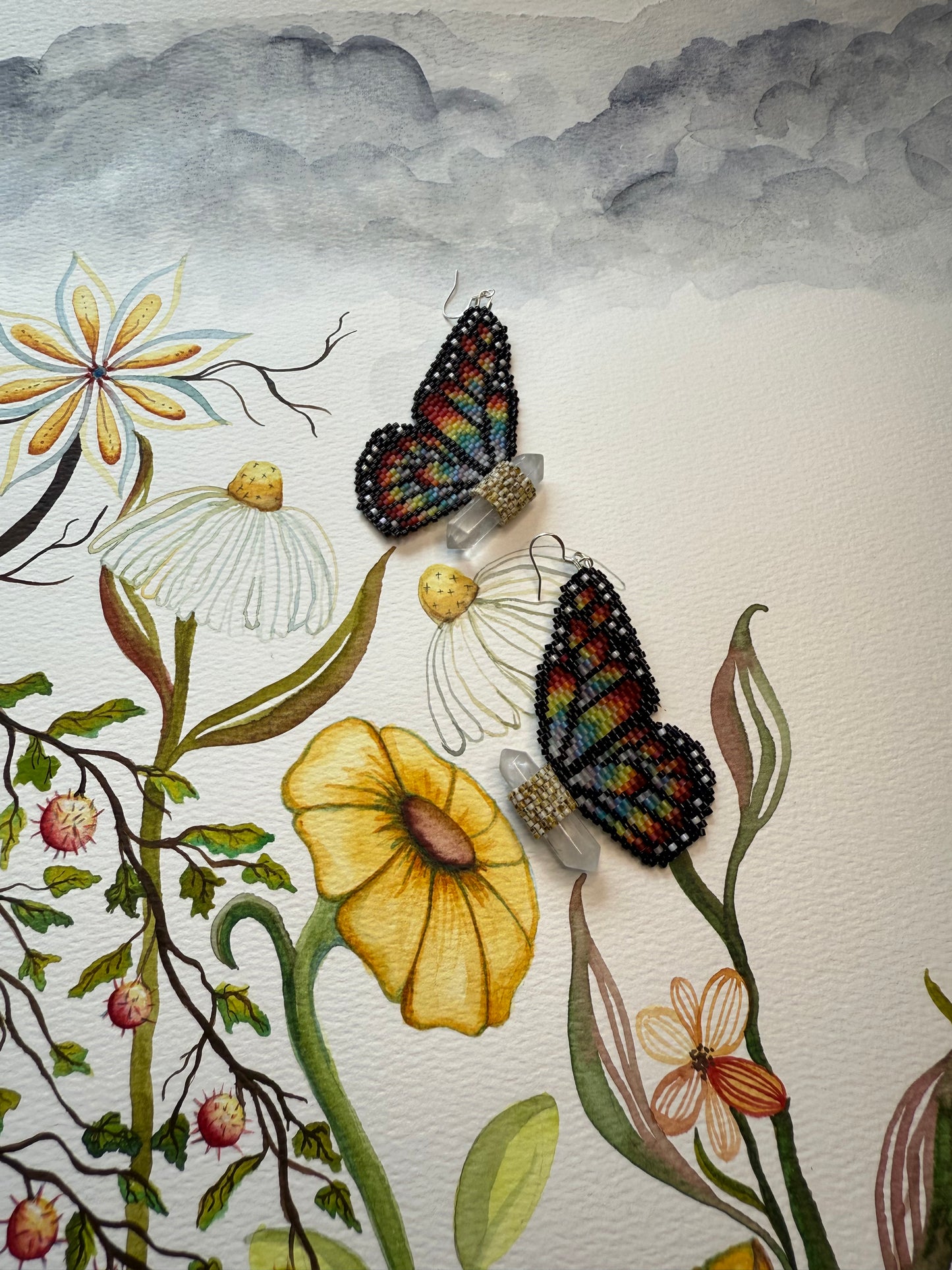 A Rainbow Butterfly Earrings with Quartz Crystals (Large)