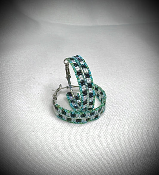 A Spring Retro turquoise checkered Rez Girl Hoops (Medium 1 1/2”)