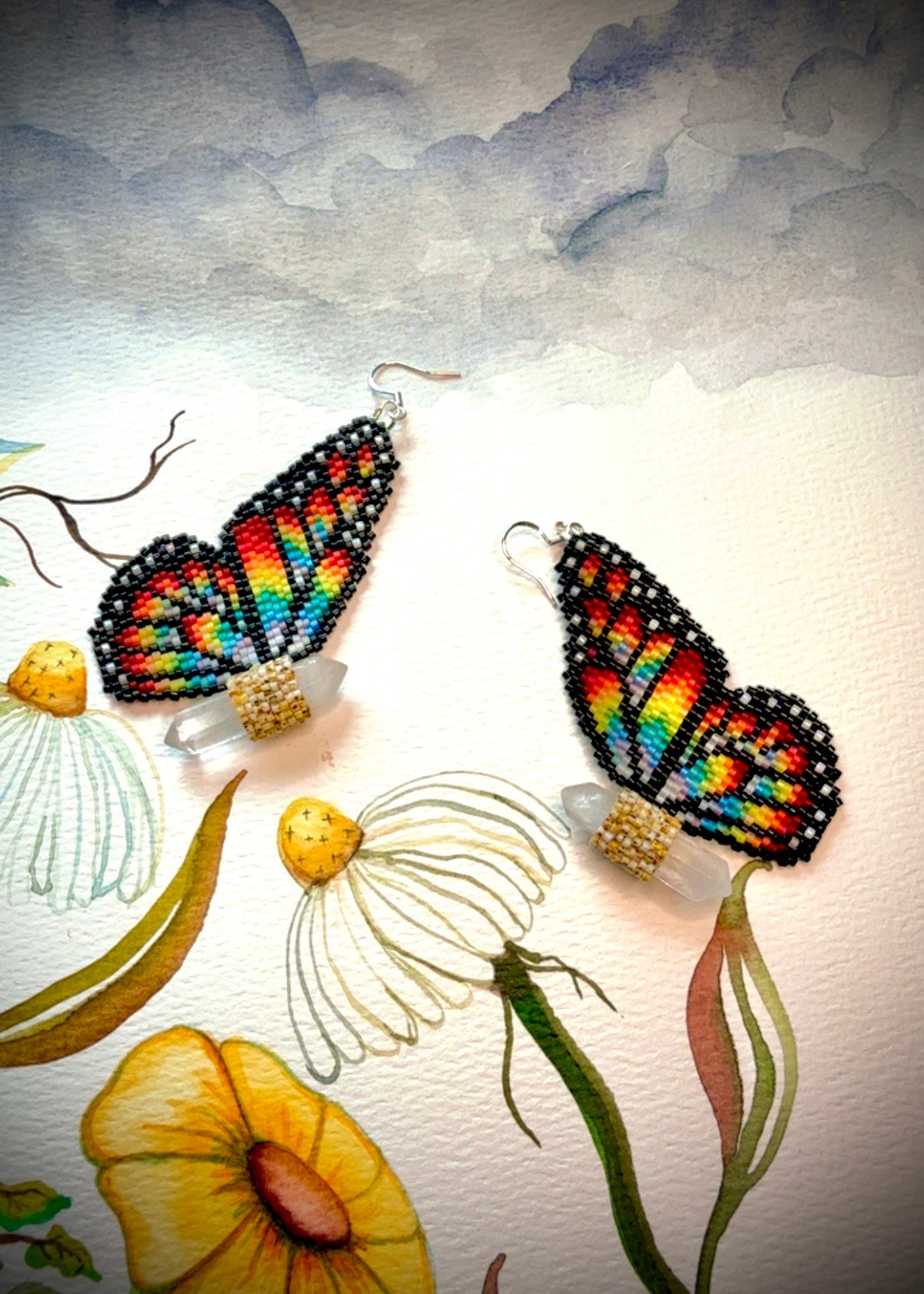 A Rainbow Butterfly Earrings with Quartz Crystals (Large)